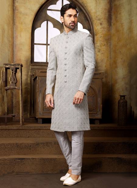 Light Gray Colour Party Wear Jacquard Nawabi Indo Western Collection 1111